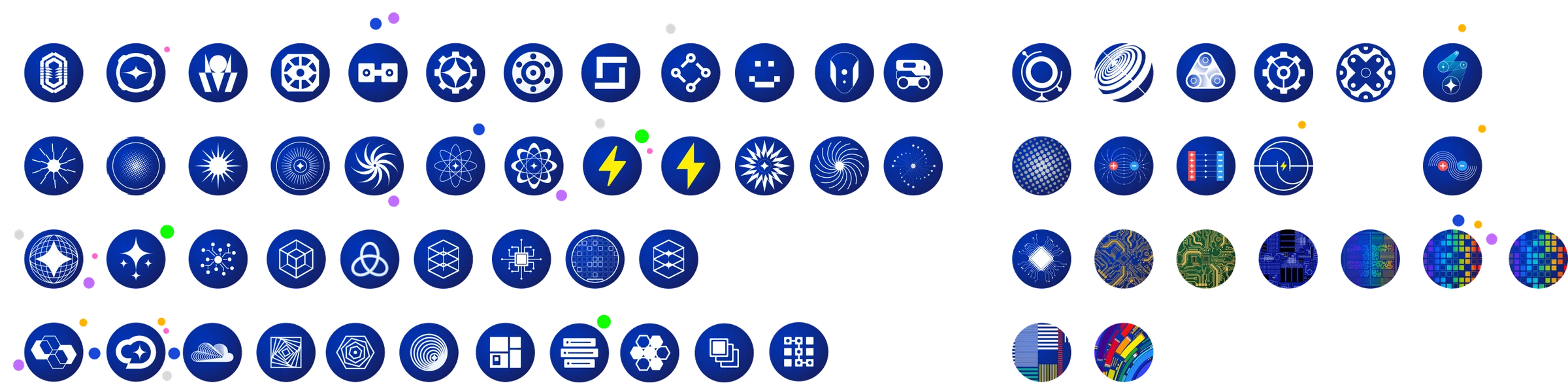Directions explored for the AI-sector DTF marks: dozens of blue discs with symbols for robots, power, compute and chips