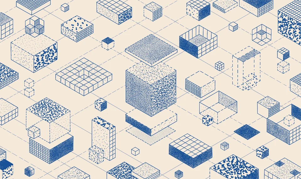 Exploded modular cubes on an isometric grid, illustration for DTF deployers